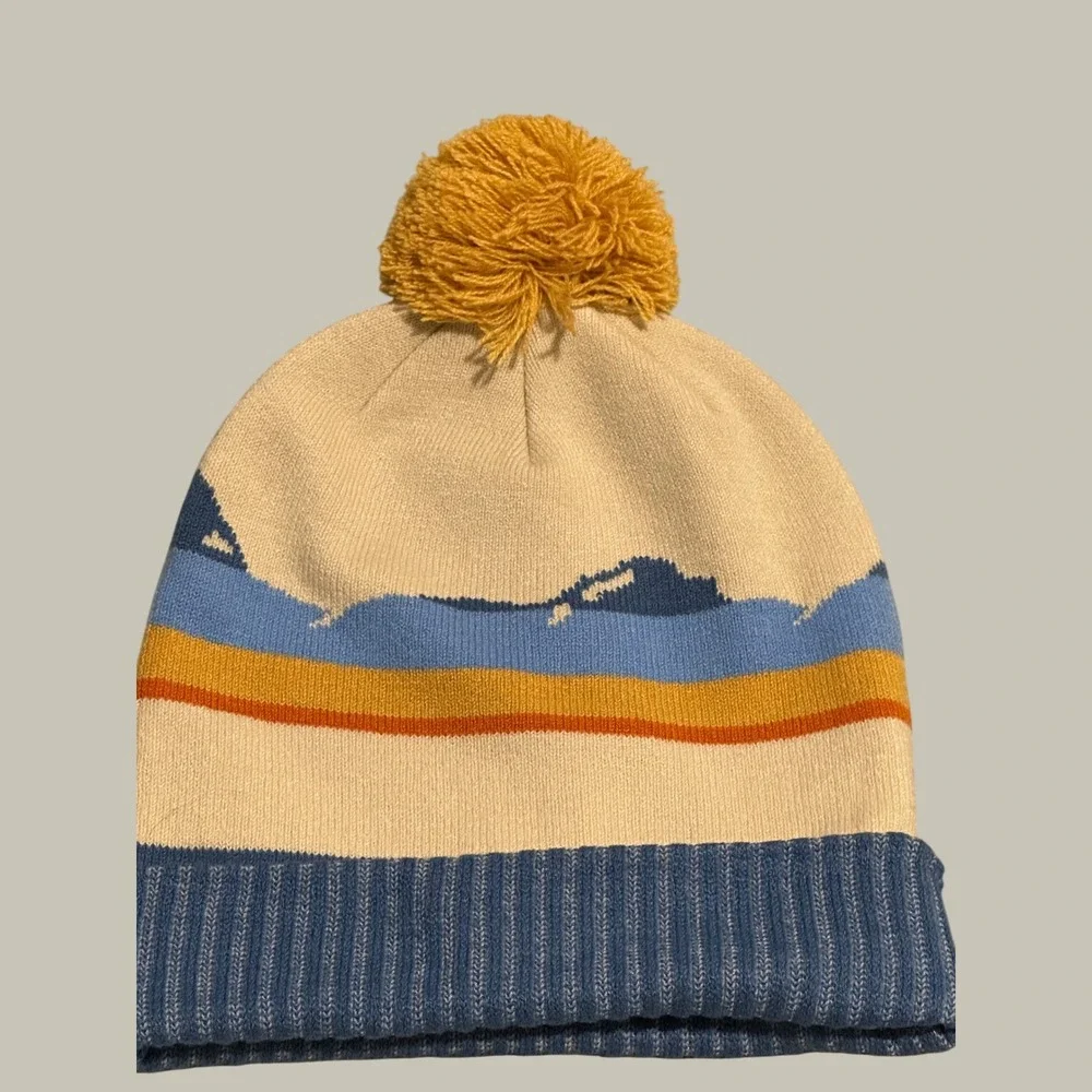 KAVU Herschel Pom Beanie Mountain Landscape Knit Winter Hat Blue Cream Unisex